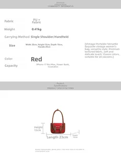 Vue détaillée du sac vintage rouge avec capacité et dimensions pour iPhone 17 Pro Max