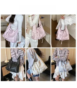 Collage of four vintage punk rivets tote bags in pink, black, white, and light blue colors