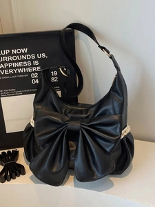 Women Retro Bow Hobo Bag PU Leather Lace Trim Large Capacity Underarm Bag Fashion Casual Shoulder Crossbody Bag