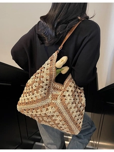 Large bohemian crochet tote bag with rhombus pattern and leather straps for summer beach