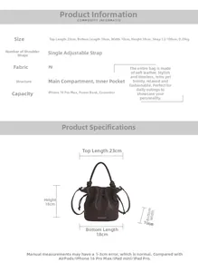 Detailed dimension guide for the brown PU leather bucket bag with drawstring closure