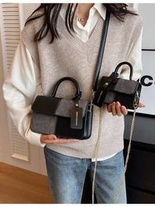 Chic color-block handbag set with grey and black leather panels and golden chain strap