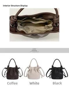 Detail of the inner double compartment and drawstring bucket bag in three colors