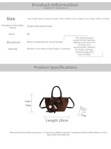 Detaillierte Größentabelle und Spezifikationen für die braune PU-Leder Eimertasche