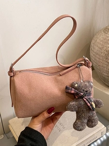 Fashion Women PU Leather Pillow Bag Large Capacity Shoulder Crossbody Bag With Cute Plush Teddy Bear Charm For Daily Travel