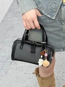 Fashion mini Boston shoulder bag in black and grey with cute decorative charms