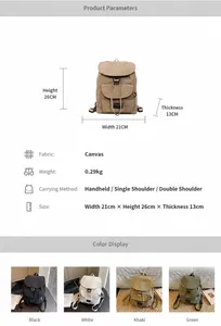 Detailed size specification table and fabric info for canvas backpack in four colors
