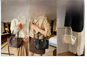 Vues détaillées de sacs seaux en cuir polyvalents en marron foncé, noir et blanc cassé