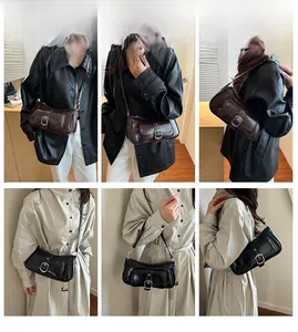 Detailansicht der Retro-Leder-Schultertaschen in Dunkelbraun und Schwarz mit Schnallen
