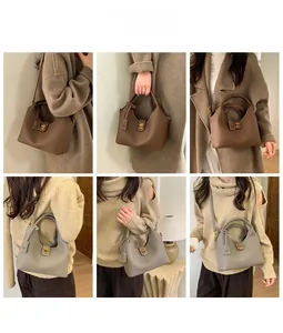 Detailansichten von Leder-Eimertaschen in Braun und Grau mit eleganten Metalldrehverschlüssen