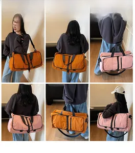 Multi-angle view of large capacity foldable travel bag in orange and pink colors