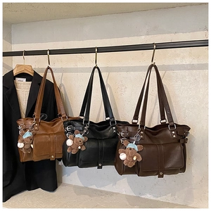 Three classic rivet tote bags in brown black and coffee with cute bear plush charms