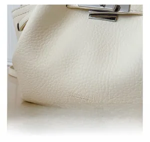 Close-up of cream lychee leather texture and silver buckle on the stylish bucket bag