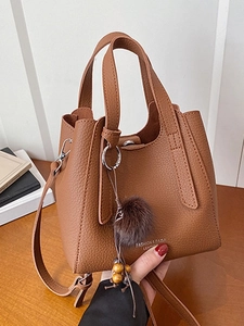 Sac Seau en Cuir PU Vintage pour Femmes Avec Pompon Mode Motif Litchi Sac Bandoulière Petit Sac Fourre-tout Quotidien