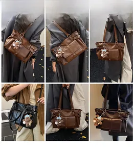 Collage of high capacity vintage tote bags in black and brown worn by a model outdoors