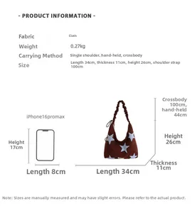 Brown star pattern shoulder bag size comparison with dimensions and iPhone 16 Pro Max