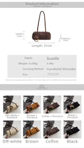 Detail view of large suede shoulder bag showing dimensions 31x11x10cm and 0.29kg weight
