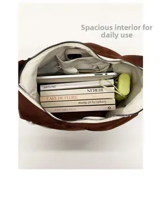 Internal view of brown plush star tote bag showing large capacity and multiple pockets