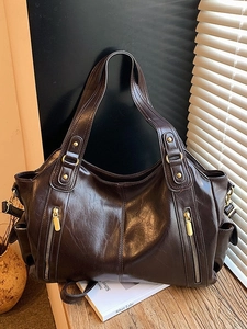 Retro dark brown oily leather shoulder bag with gold zippers and large capacity design