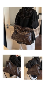 Detailaufnahme der dunkelbraunen Totebag mit Metallnieten am Boden und Lederquasten