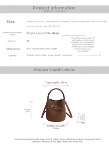 Détails des dimensions du sac seau marron avec sac principal et petite pochette
