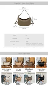 Detailed size chart and multi-color specifications for the leather dumpling crossbody bag