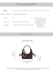 Detaillierte Größentabelle für braune Vintage-PU-Leder-Tasche mit Maßen und Merkmalen