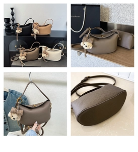Detailed view of leather textures, golden twist locks, and bear charms on four handbags