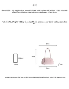 Detailed size chart for minimalist PU leather baguette bag with iPhone scale comparison