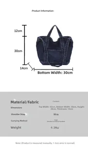 Detailed size chart for blue denim canvas tote bag showing dimensions and strap length