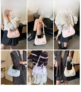 Collage of fashion crossbody dumpling bags in various pastel colors on models