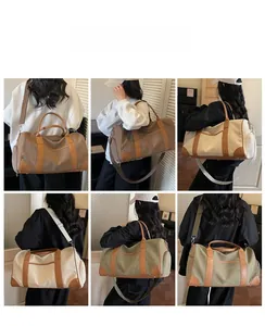 Collage of model wearing canvas travel bags in brown, beige, and army green colors