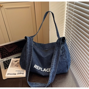 Large capacity dark blue denim tote bag with REPLACE print for women commuting