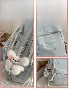 Dettaglio dello zaino azzurro con ricamo a farfalla e ciondolo a forma di coniglio di peluche