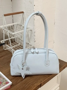 Fashion Women Baguette Underarm Shoulder Bag Synthetic Leather Minimalist Solid Color Handbag With Star Pendant Commuter Purse