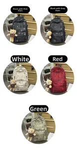 Five school backpacks with star patterns and teddy bear pendants in various colors