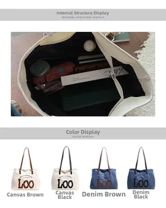 Detail view of large canvas tote bag showing interior compartments and accessories storage