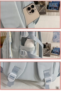 Dettaglio zaino azzurro con tasca per cellulare, porta borraccia e spallacci imbottiti