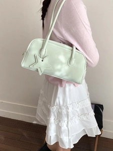 Minimalist mint green PU leather baguette bag with star charm for women's daily commute