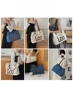 Detail shots of large canvas and denim tote bags in blue and beige with leather straps