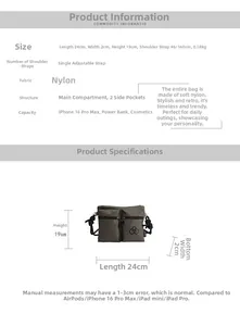 Size chart showing dimensions 24x2x19cm for the nylon shoulder bag with capacity details