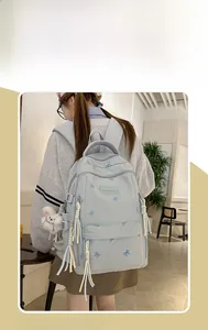 Dettaglio dello zaino azzurro con ricamo a farfalla e accessorio pendente in peluche bianco