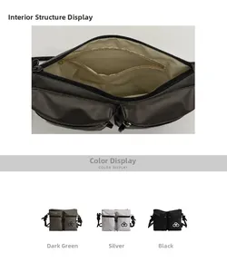Detail view of large nylon crossbody bag interior pockets and three color options