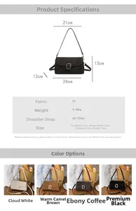 Diagramma tecnico con dimensioni e varianti di colore per borsa a tracolla da donna