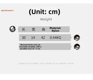 Guida alle taglie dettagliata per zaino in nylon con dimensioni 30x14x42cm e peso 0,44kg
