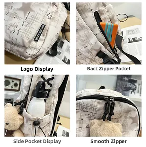 Dettaglio dello zaino beige per studenti con cerniere lisce e tasche laterali con fibbia