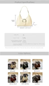 Detailed dimension chart and six-color options for the vintage PU leather hobo bag