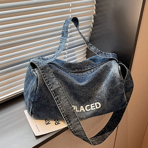 Large Capacity Denim Tote Bag For Women Washed Letter Print Shoulder Bag Casual Streetwear Canvas Shopping Crossbody Handbag