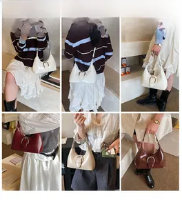 Collage of chic leather half-moon shoulder bags with large metal buckle on various outfits