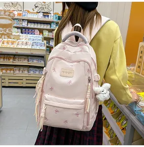 Dettaglio dello zaino rosa con ricamo a farfalla e ciondolo in peluche bianco